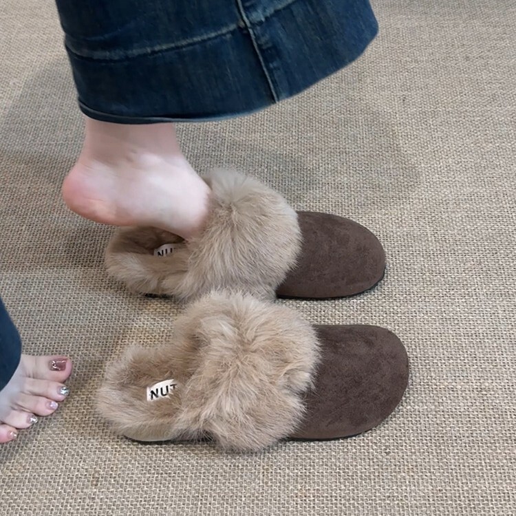 Fluffy Heat Storage~! Extra Thick Ins Fleece-Lined Outer Wear Lazy Warm Furry Slippers for Women Winter Birkenstock Cotton Slippers