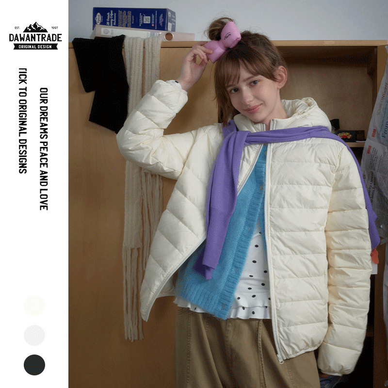 Dawan25Aw Sweet 90 White Duck down Bear Ear Hooded Rib down Jacket Warm Student Loose Women's Jacket