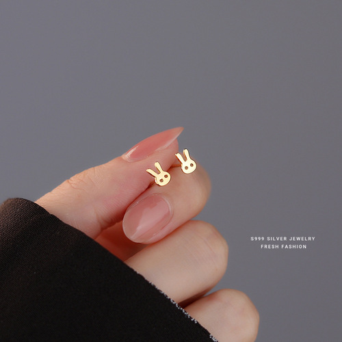 999 Silver Small Rabbit Ear Studs for Women, Korean Style Minimalist Fashion, Versatile and Cute, Instagram-Inspired Personality Earrings, Drop-Shipped