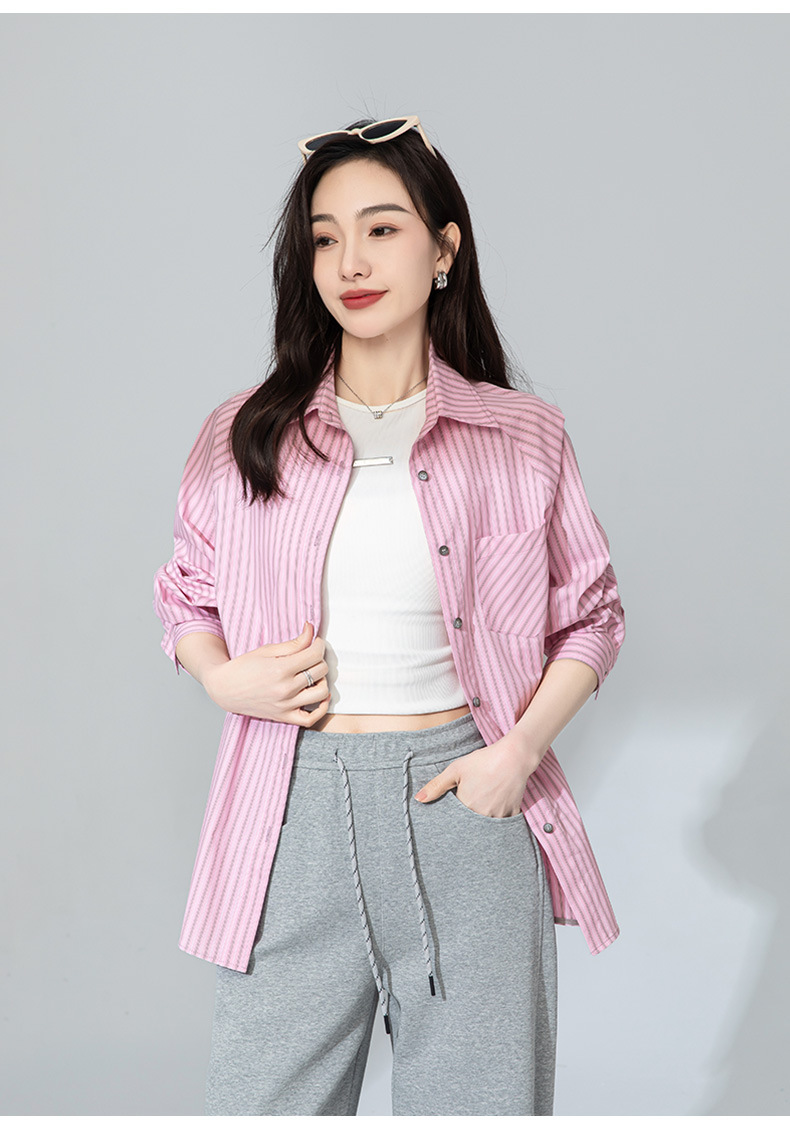 Áo sơ mi nữ dài tay phong cách vintage Pháp họa tiết sọc hồng, form rộng thoải mái — bột chi tiết 22