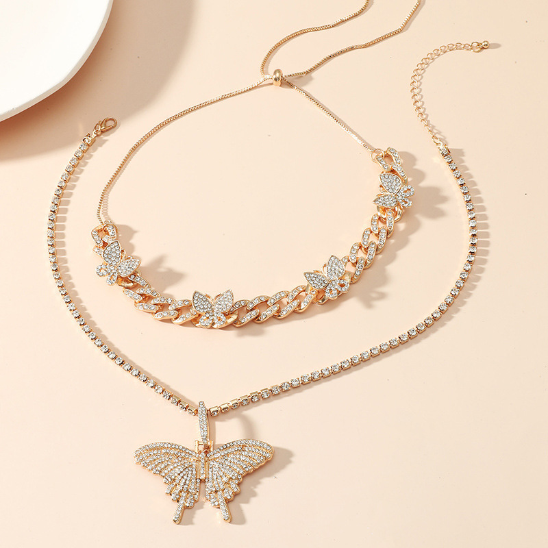 Fashionable and personalized full diamond exquisite trend hip-hop butterfly necklace geometric Cuban set_voghion.com