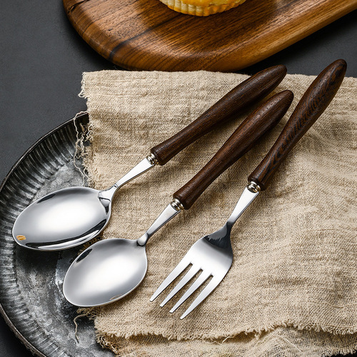 New 430 chicken wing wooden handle stainless steel knife, fork and spoon Japanese style wooden handle retro western tableware hotel steak knife, fork and spoon