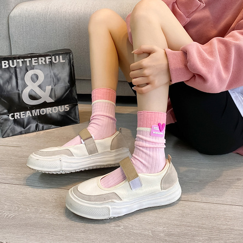 Lumi new product double needle color matching love cloth label jewelry socks ins trendy Korean version simple trend mid-tube socks for women