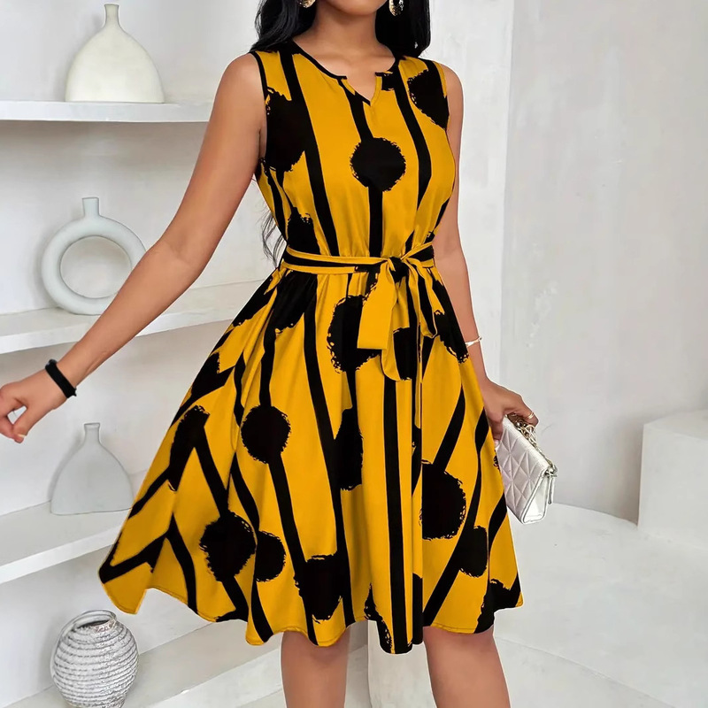 In-Stock European and American Cross-Border Amazon Summer Mid-Length Fashion New Printed Sleeveless Irregular Large Hem Dress