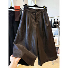 高级感巨好看的松紧腰A字宽松阔腿裤女秋季复古休闲七分裤pu皮裤