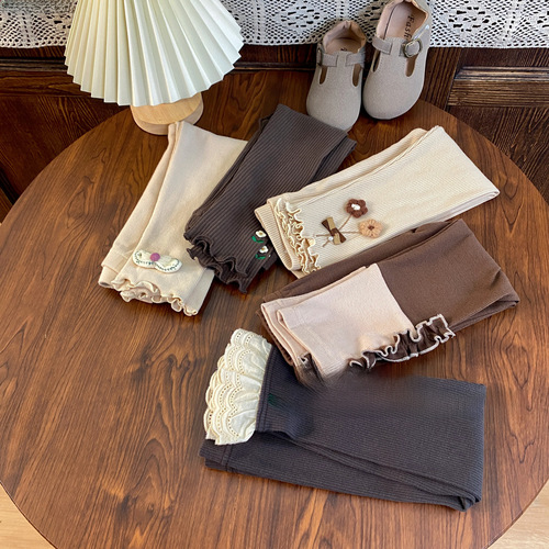 Korean Children's Fall  New Girl Leggings Thin Mushroom Edge Fine Striped Pants High Elasticity Pants