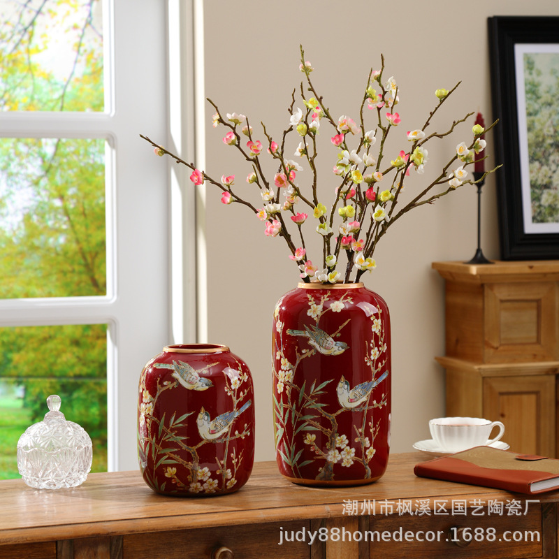 Chinese Red New Chinoiserie Ceramic Vase Dining Table Entrance Decoration Ornaments Gift Giving Home Living Room Water Culture Flower Arrangement Bottle