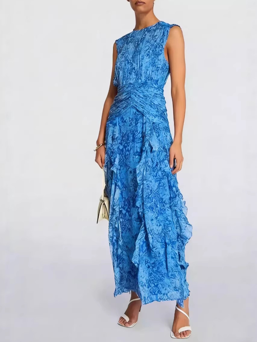 2026 Europeu e americano transfronteiriço nova primavera e verão sem alças Europeu e americano feminino com decote em V chiffon estampado fada vestido de noite de temperamento longo