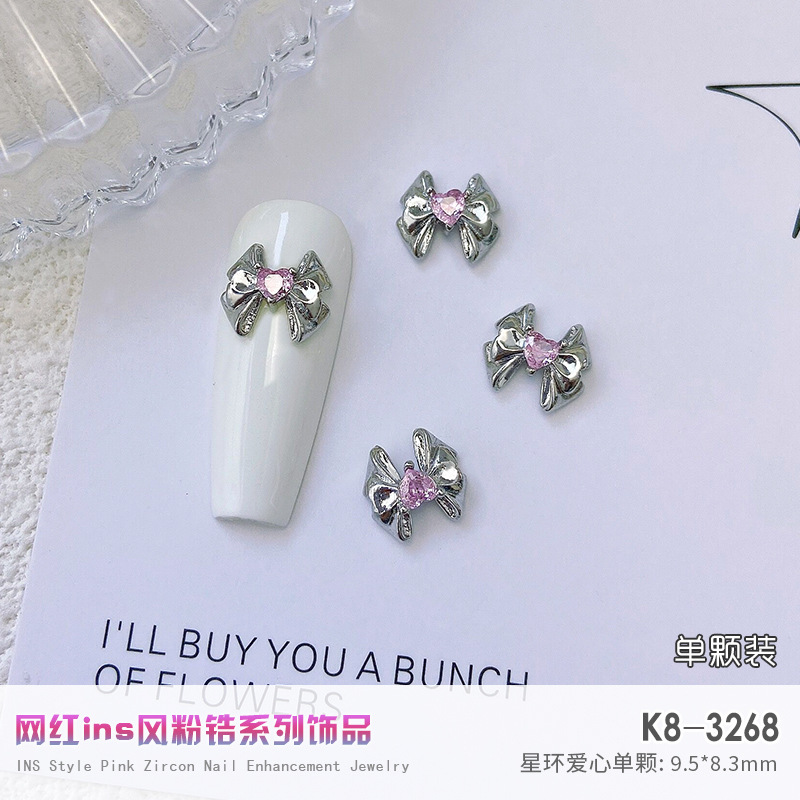 Nuevo LZ nail metal real circón joyería de lujo completo diamante corazón plata arco cadena de metal taladro de uñas