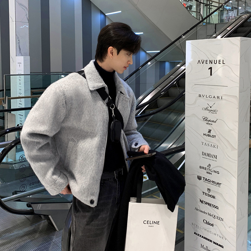 Asclo Spring and Autumn New Korean Short Woolen Coat Men's Trendy Grey Woolen Jacket Coat Laps