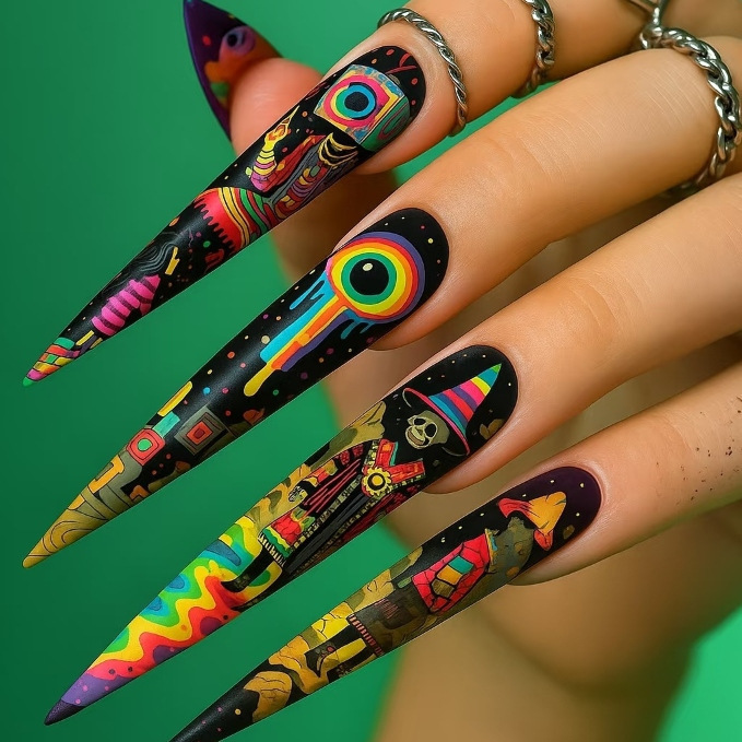 European and American Style Long Pointed Nail Art Fake Nails with Graffiti Rainbow Circles, Skull Designs, and Wizard Hats for Wholesale European and American Style Long Pointed Nail Art Fake Nails with Graffiti Rainbow Circles, Skull Designs, and Wizard Hats for Wholesale