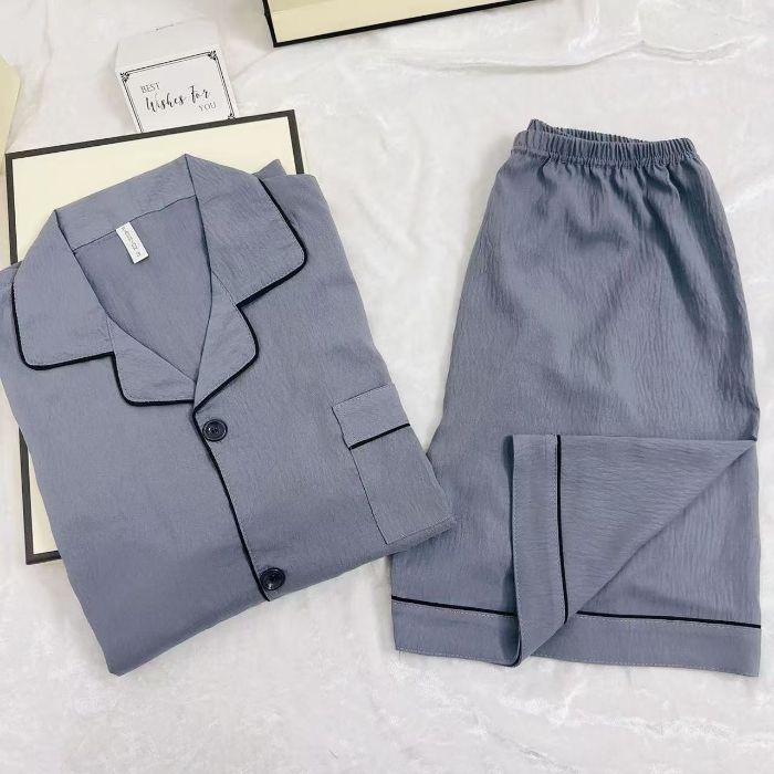 Pijamas de algodón de nube de solapa transfronteriza al por mayor cardigan para hombres pantalones cortos de manga corta de verano de dos piezas de color sólido