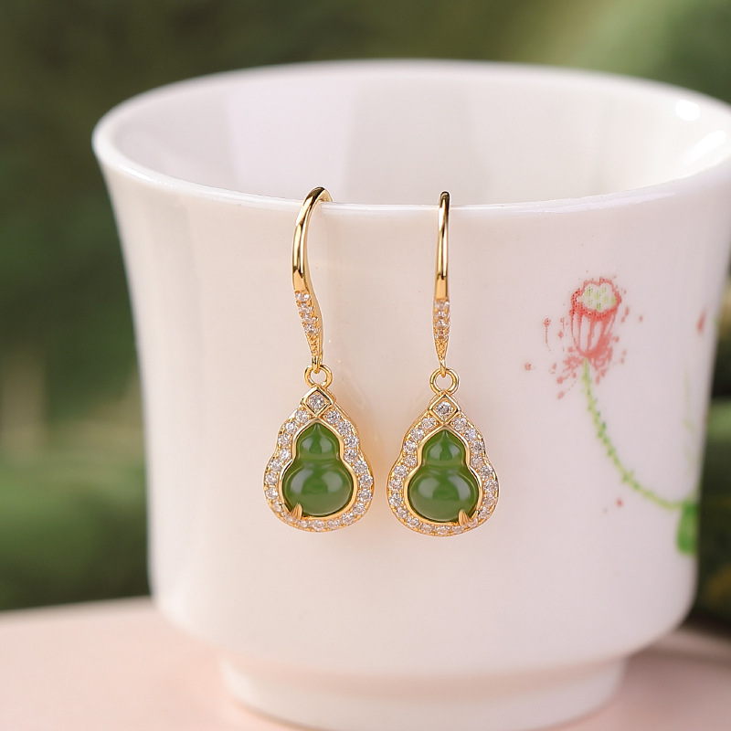 Bông tai bạc S925 đính đá ngọc Hetian Jasper hình bầu lá tre siêu lấp lánh — Phong cách nước đỏ