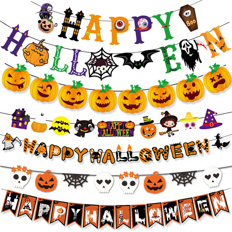 2025 Halloween Ghost Festival Themed Decoration Flag Bar Shopping Mall Layout Cartoon Banner Flower String Wholesale Customization
