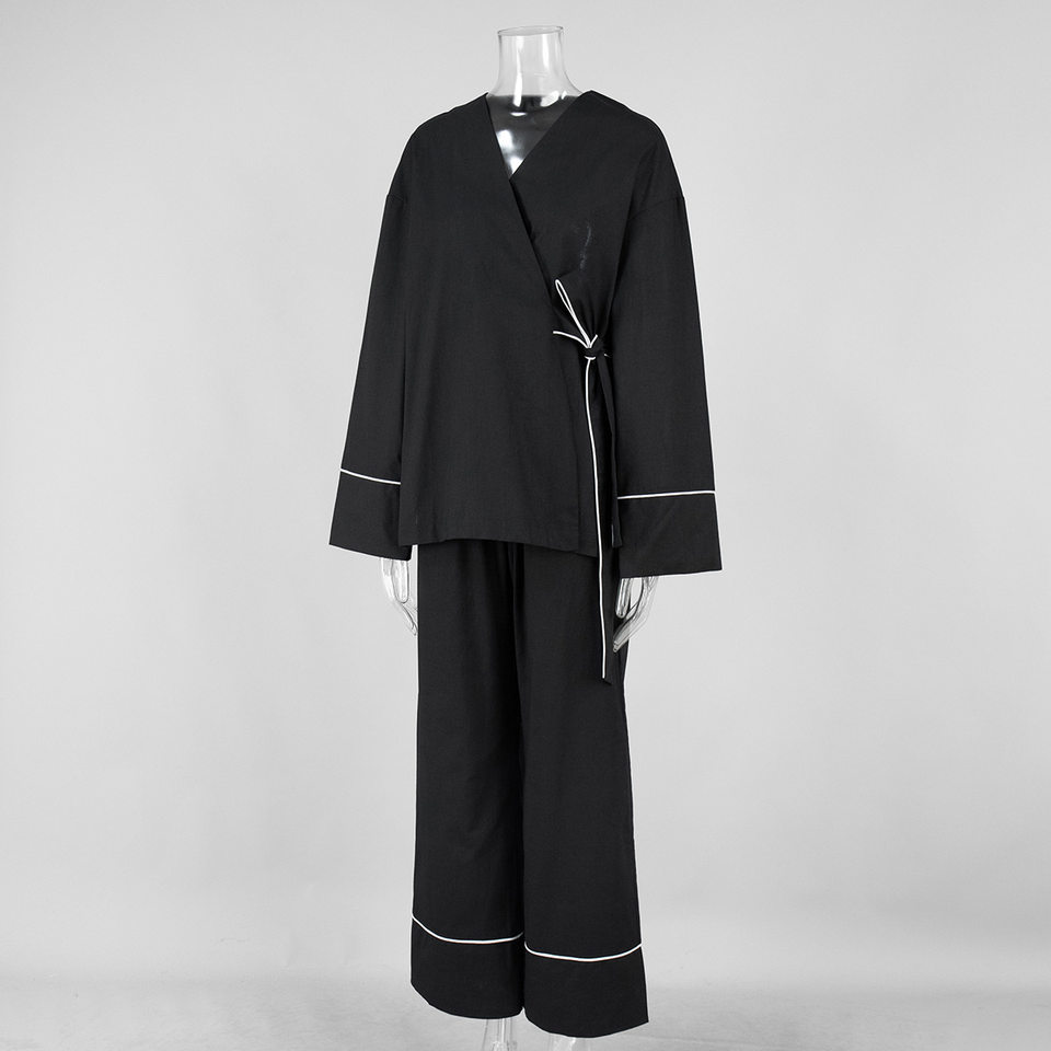 Bộ đầm hai món nữ áo cardigan cổ chữ V dài tay phối quần ống rộng — Màu be, Xanh lá cây, màu đen chi tiết 15
