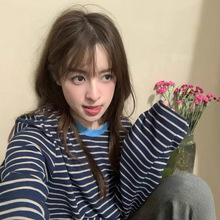 现货 鸡蛋家撞色领三色条纹T恤女2025秋季宽松休闲ins长袖上衣egg