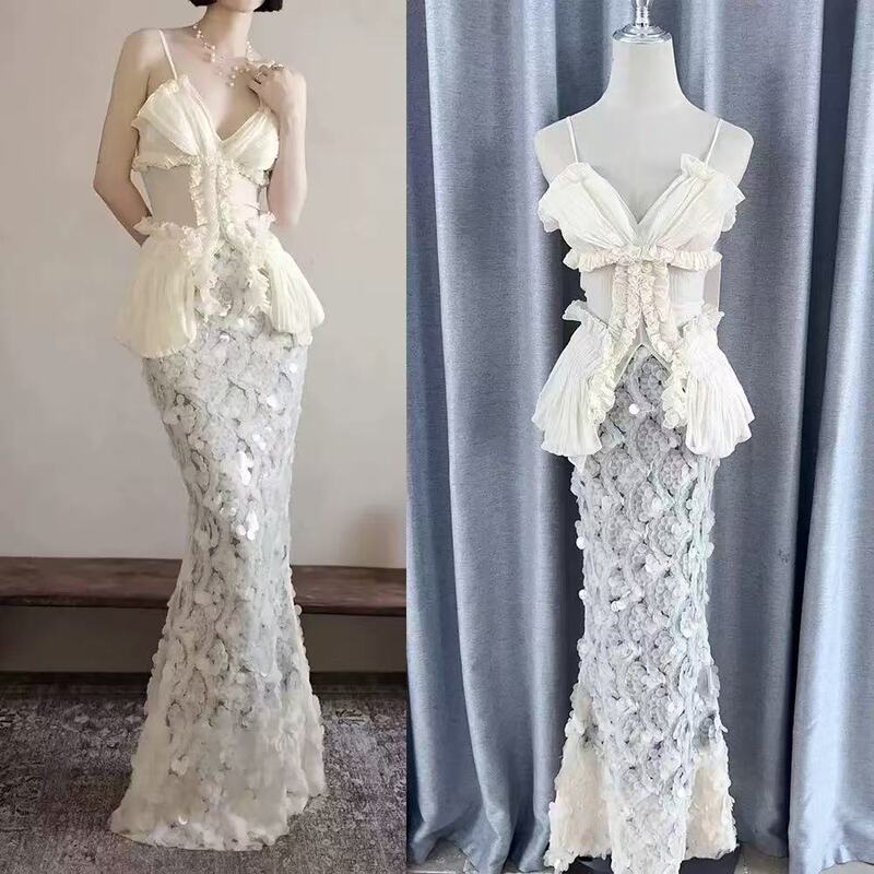 In Stock 25 Light Luxury High-End Niche Evening Dresses for Women, Seaside Resort Style Mermaid Suit with Pleated Waist-Cinching Top