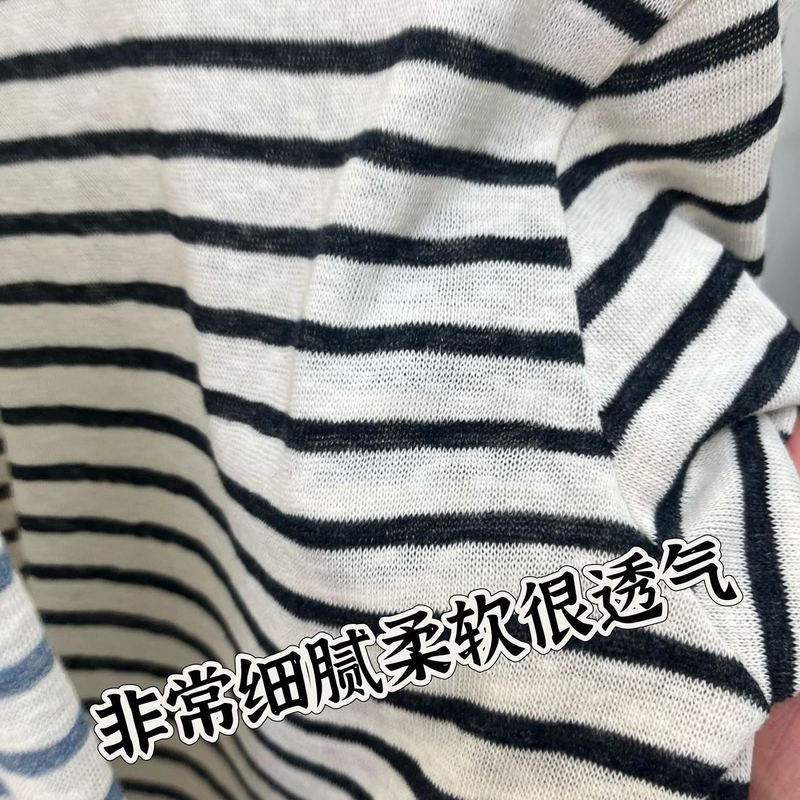 经典复古简约条纹T恤女士百搭显瘦慵懒风圆领长袖打底上衣|undefined
