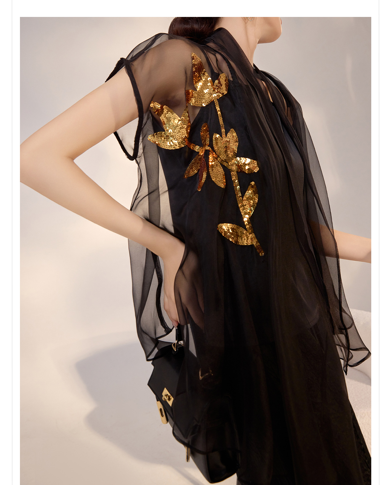 Áo khoác lưới thêu sequin lụa tơ tằm ngắn tay, dáng ôm, phong cách retro nghệ thuật M3084 — Màu đen chi tiết 4