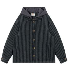 冬季日系复古假两件拼接条纹工装棉衣外套男女宽松毛呢连帽棉服潮