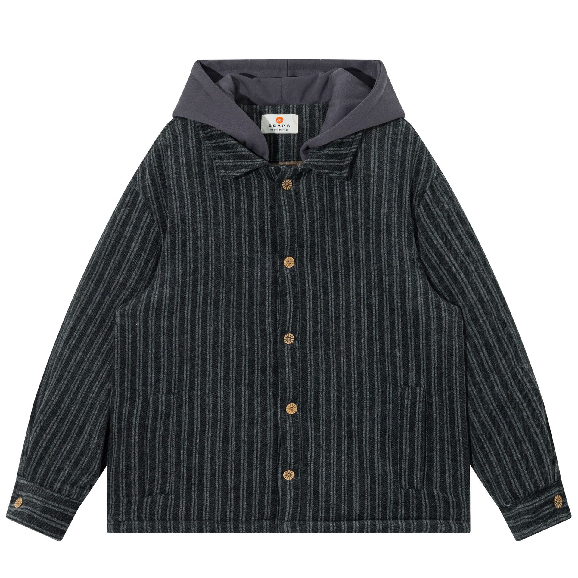 冬季日系复古假两件拼接条纹工装棉衣外套男女宽松毛呢连帽棉服潮