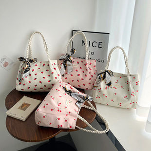 Korean Style Small Cherry Strawberry Shoulder Bag Corduroy Large Capacity Tote Bag Small Fresh Underarm Bag Lightweight All-match Bag