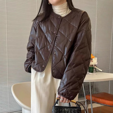 真皮油蜡绵羊皮皮衣女2024冬新款菱格绣花面包服鹅绒服短款外套