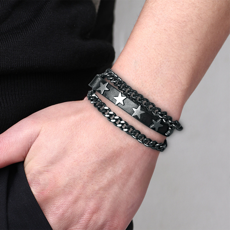 European and American Cross-Border Amazon Punk Denim Accessories Five-Pointed Star Chain Leather Men's Bracelet Graduation Season Gift