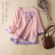 民族风上衣夏季薄款女装高档棉麻衬衫宽松大码遮肚子显瘦冰丝衬衫