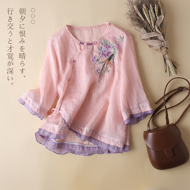 Ethnic Style Tops, Summer Thin Women's Cotton and Linen Shirts, Loose Large Size, Cover the Belly, Look Slimming, Ice Silk, Fashionable and Elegant