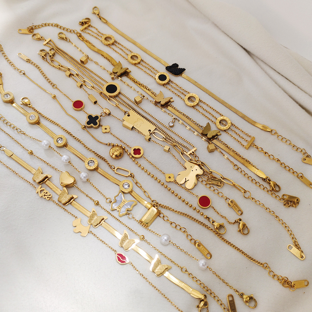 簡約個性感鈦鋼雙層四葉草手鍊女鍍18K金色森系小眾網紅潮時尚ins