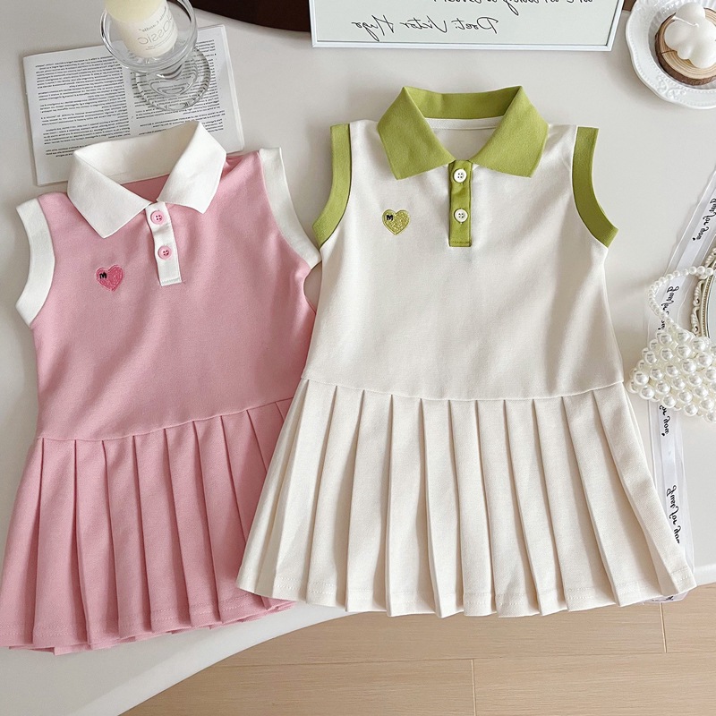 Girls' Summer Dress dress Baby's Western-style Children's Personalized Fashion Brand Lapel Color-matching Polo Love Princess Pleated Skirt