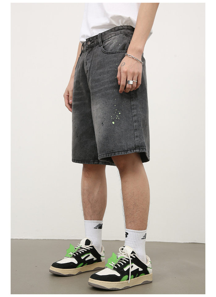 Quần short denim nam ống rộng lửng trên gối, họa tiết vệt sơn mực kiểu đường phố — Xanh lam nhạt, Đen xám chi tiết 8