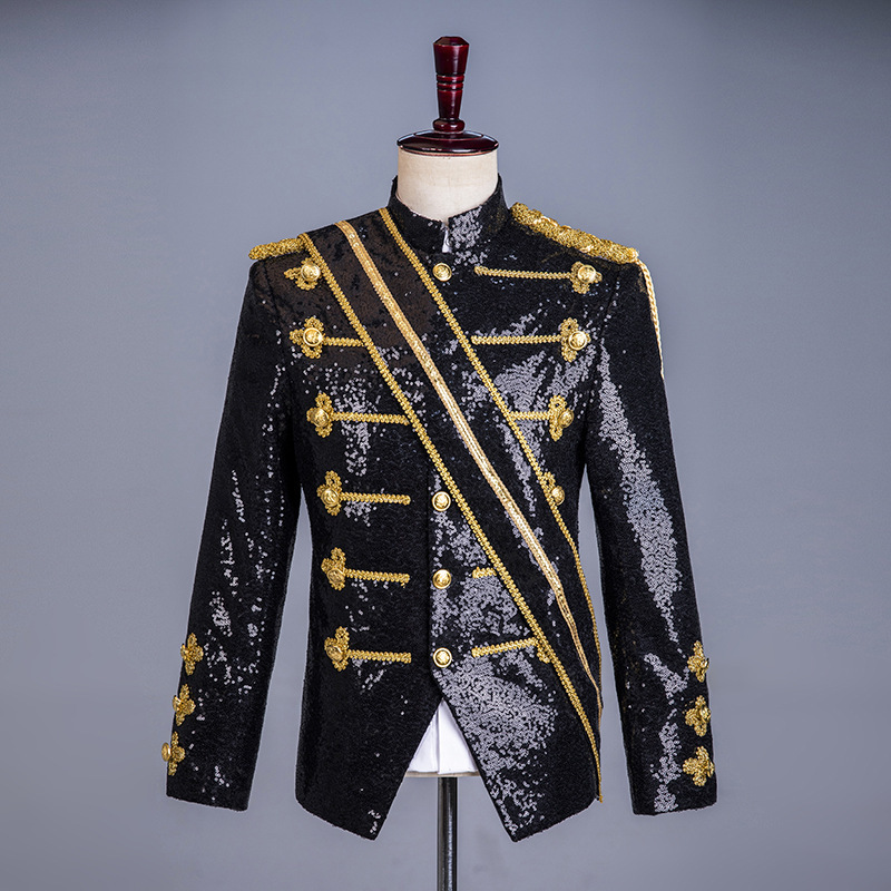 Men's Black Sequined European Palace Style Stylist Men's Nightclub Dj Gold-Inlaid Performance Clothing Military Uniform Performance Dress Men's Black Sequined European Palace Style Stylist Men's Nightclub Dj Gold-Inlaid Performance Clothing Military Uniform Performance Dress