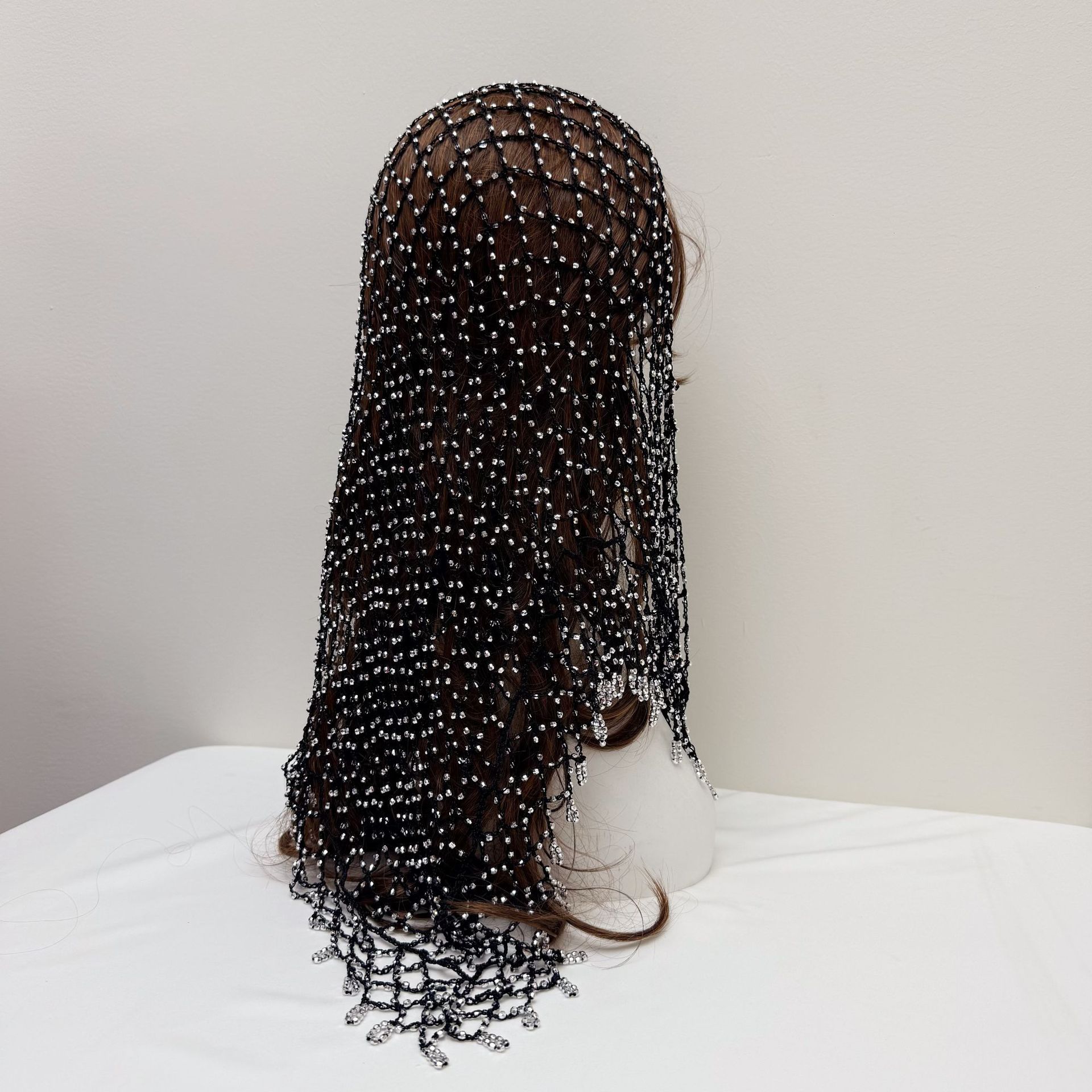 New Style Shiny Mesh Veil with Hand-Woven Tassel Design, Hand-Crocheted Floral Triangle Fishnet Fish Scale Headscarf