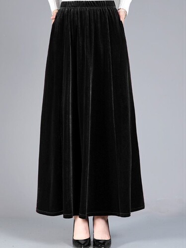 Gold velvet elastic half-length skirt, A-line skirt, women's large-size dance dress, high waist, slimming, all-match long dress