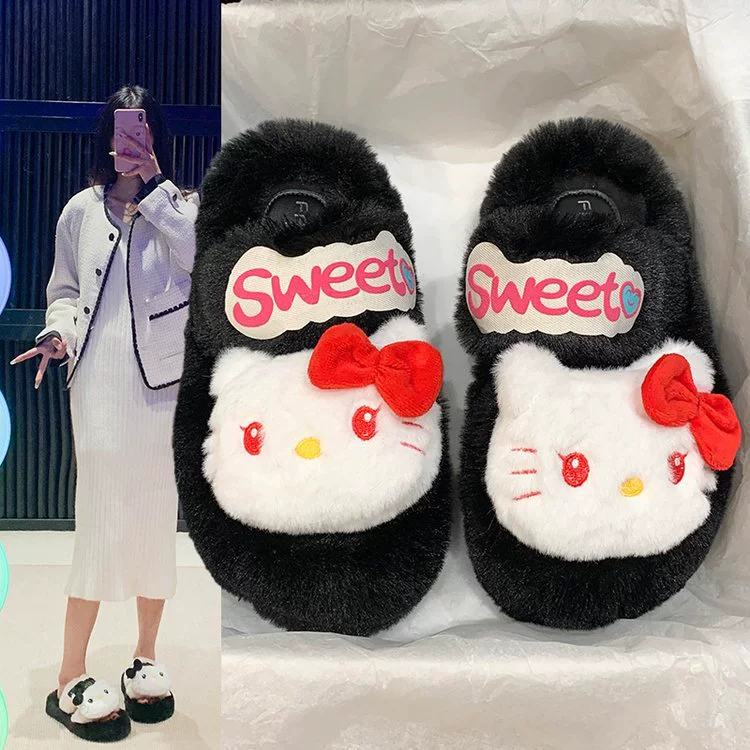 Мультяшные шерстяные шлепанцы женские молочные сети хип-хоп хоп 2024 новая мода наружная одежда дикая подошва на высоком каблуке