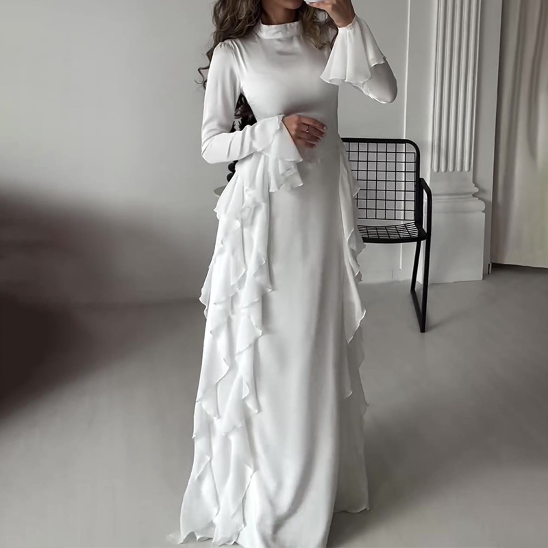 欧米の外国貿易の婦人服は越境して秋の丸首のラッパの袖のセクシーな気質の高い腰のつなぎ合わせて明らかにやせているレースのワンピースを現します。|undefined