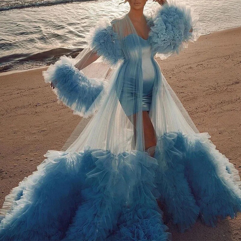 Sky Blue Mesh Trailing Gown Maternity Photo Shoot Dress Studio Photography Outfit Stage Performance Fluffy Tulle