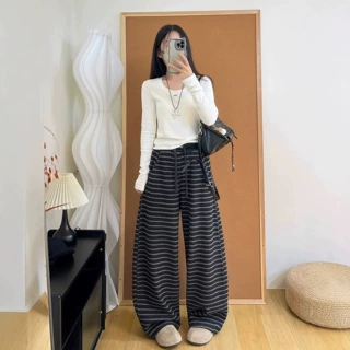 撞色条纹阔腿裤女秋季新款抽绳高腰垂感女裤宽松慵懒感直筒休闲裤