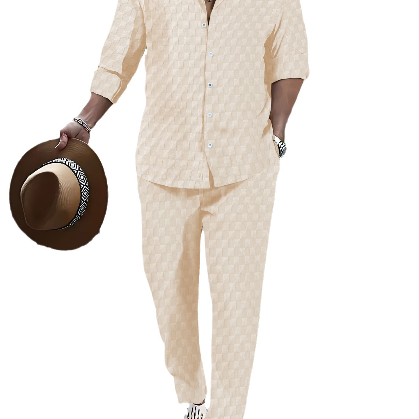 Cross-border European American Autumn Bestseller Men's Plaid Henley Collar Shirt And Trousers Trendy Casual_voghion.com