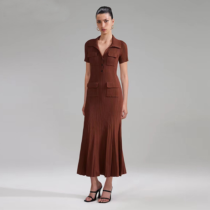 Sp2023 Early Spring Rib Knitted Slim Dress Turn-Down V-Neck French Elegant Fishtail Midi Skirt 220646 Sp2023 Early Spring Rib Knitted Slim Dress Turn-Down V-Neck French Elegant Fishtail Midi Skirt 220646