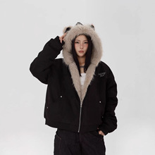 座山雕猫耳连帽棉服女冬季新款美式短款cleanfit麂皮毛绒加厚外套
