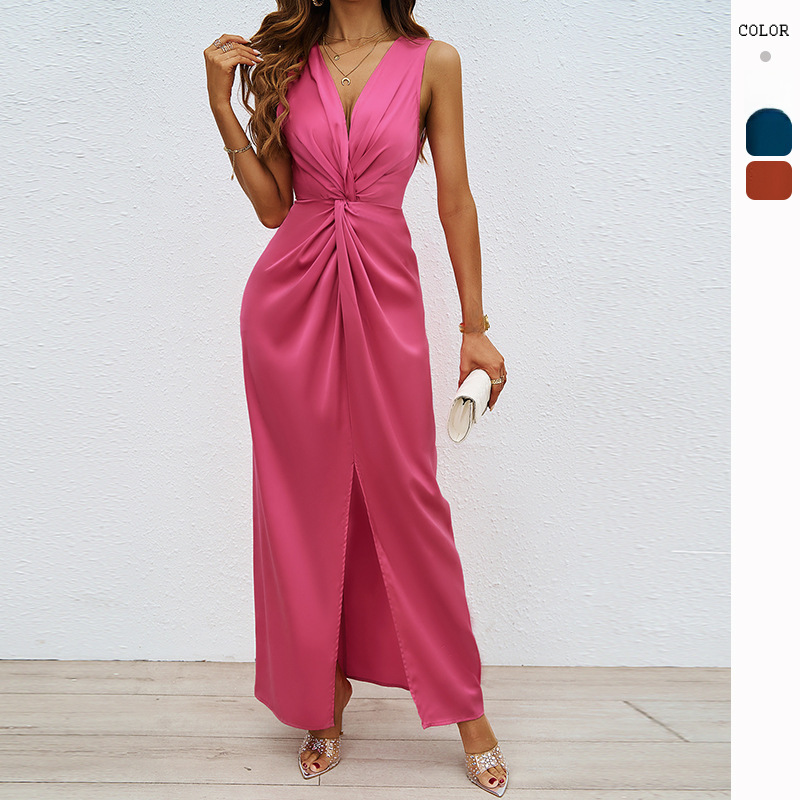 Amazon 2026 Summer European and American Women's Clothing Elegant Twist Sleeveless V-Neck Slit Slim Fit Dress for Women