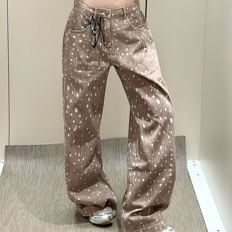 跨境美式复古梅花鹿印花牛仔裤子女辣妹bf慵懒风低腰显瘦拖地裤|undefined