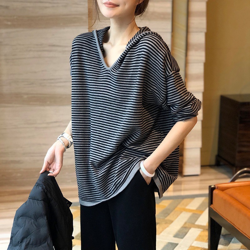 韩系连帽条纹针织卫衣女宽松套头时尚秋冬外穿新款慵懒风毛衣上衣|undefined