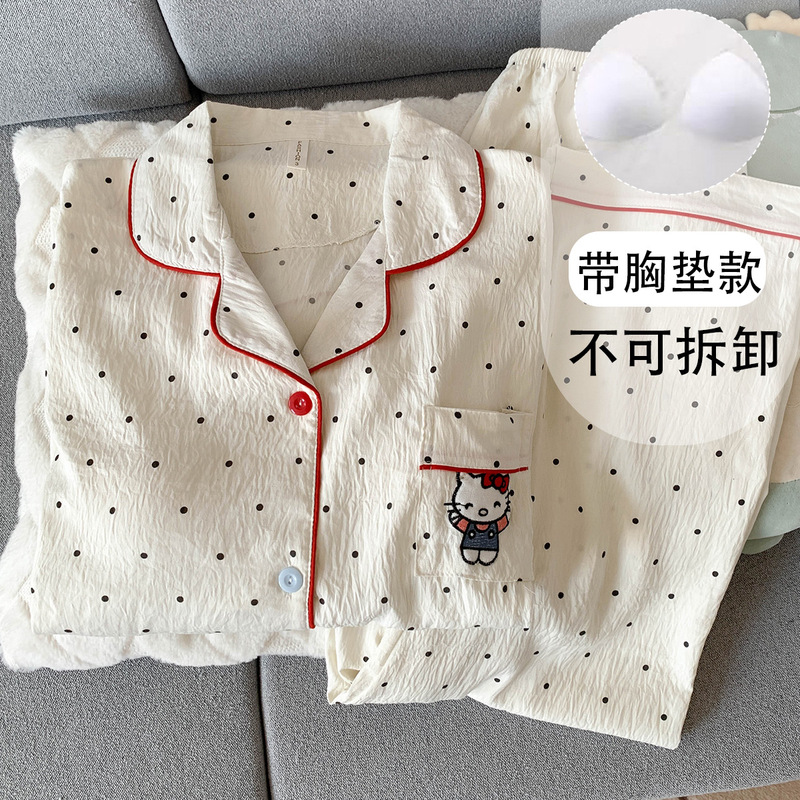 Cross-border Wholesale Bow Polo KT Cat plus size Pajamas Women's Spring and Autumn Home Clothes with Chest Pad Girl's Two-piece Set
