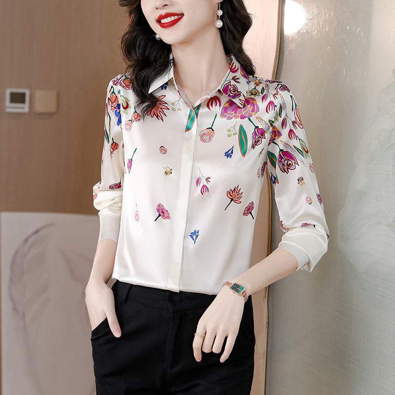 Simulated Silk Shirt Women's Mulberry Silk Fashion Versatile Long-Sleeved Elegant Lapel Shirt 2024 Spring & Fall Women's New Style