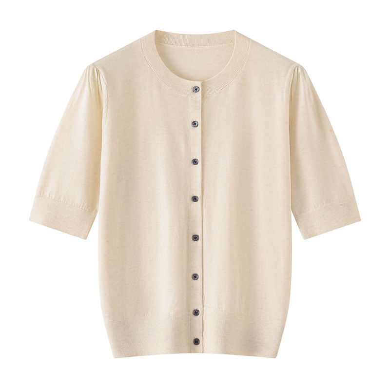 Knitted Shirt Women's Half Sleeve Knitted Cardigan 25 Autumn and Winter New Round Neck Five Short Sleeve Knitted Sweater