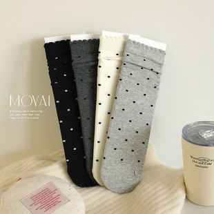 2024 Socks Women's Autumn New Ear Edge Wave Dot Basic Cotton Socks Sweat Absorbing Breathable Women's Stacked Socks